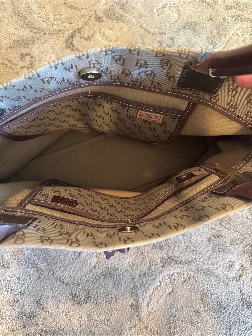 Dooney & Bourke Beige Monogram Tote with Brown Leather Trim